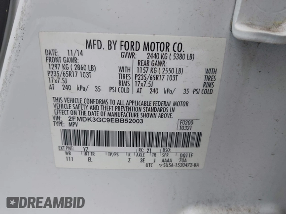 2014 Ford Edge SE с VIN 2FMDK3GC9EBB52003, выставлен на аукционе IAAI как лот 42707898 с пробегом 98 122 миль миль и . История ставок и продаж доступна на DreamBid. Изображение 9.