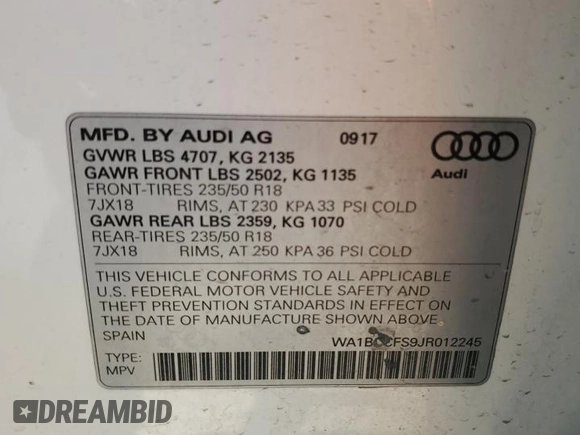 2018 Audi Q3 Premium z VIN WA1BCCFS9JR012245, wystawiony jako Copart lot #52591825 z przebiegiem 101 020 mil mil oraz Szkoda całkowita • Salvage title. Historia ofert i sprzedaży dostępna na DreamBid. Obrazek 12.