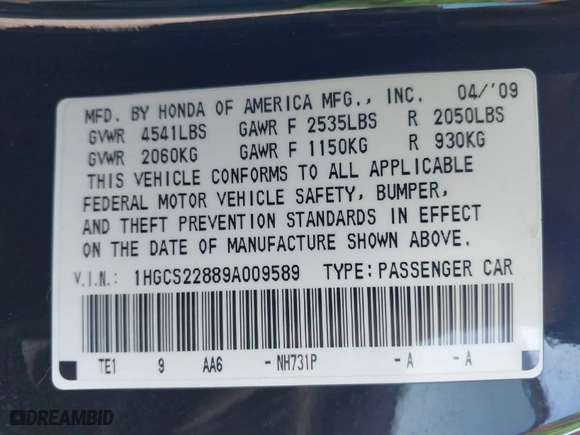 2009 Honda Accord Cpe EX-L with VIN 1HGCS22889A009589, listed as a IAAI auction lot 41747847 with 138,328 mi miles. Bid and sale history available at carsss.com. Image 9.