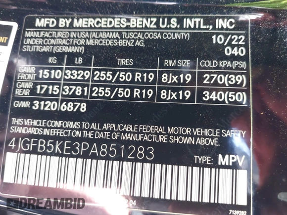 2023 Mercedes-Benz GLE 450 with VIN 4JGFB5KE3PA851283, listed as a IAAI auction lot 42370277 with 67,873 mi miles and . Bid and sale history available at DreamBid. Image 9.