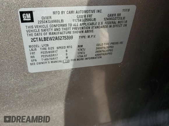 2010 GMC Terrain SLE-1 with VIN 2CTALBEW2A6275399, listed as a Copart auction lot 61400855 with 52,743 mi miles and Clean title. Bid and sale history available at DreamBid. Image 12.