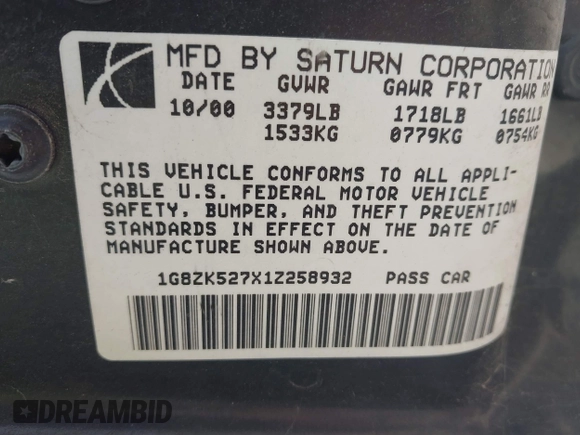 2001 Saturn SL with VIN 1G8ZK527X1Z258932, listed as a IAAI auction lot 42722280 with 95,178 mi miles and . Bid and sale history available at DreamBid. Image 9.
