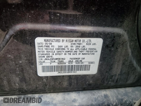 2008 Infiniti EX Journey with VIN JNKAJ09F48M361842, listed as a Copart auction lot 53808415 with 152,850 mi miles and Salvage title. Bid and sale history available at DreamBid. Image 13.