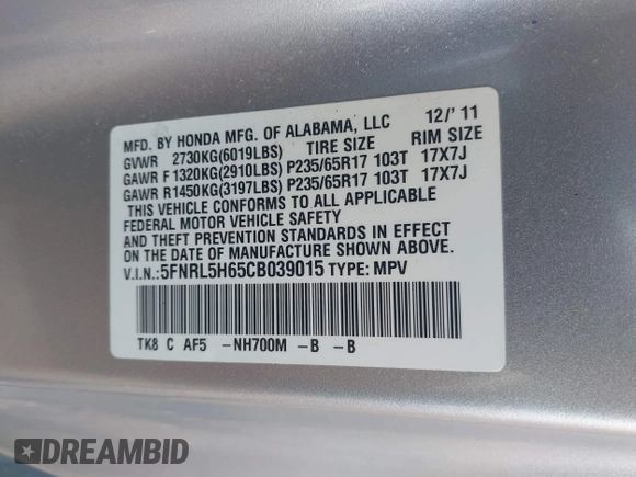 2012 Honda Odyssey EX-L with VIN 5FNRL5H65CB039015, listed as a IAAI auction lot 42612886 with 216,955 mi miles and . Bid and sale history available at DreamBid. Image 9.