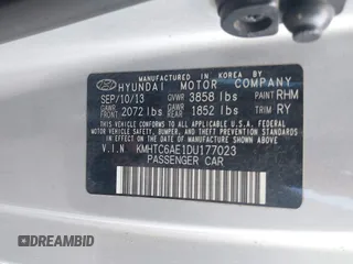 2013 Hyundai Veloster Turbo with VIN KMHTC6AE1DU177023, listed as a IAAI auction lot 42604617 with 102,087 mi miles and . Bid and sale history available at DreamBid. Image 9.