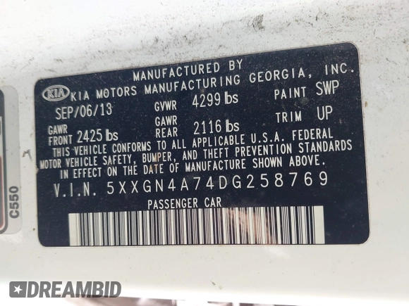 2013 Kia Optima EX with VIN 5XXGN4A74DG258769, listed as a IAAI auction lot 42598047 with 165,605 mi miles and . Bid and sale history available at DreamBid. Image 9.