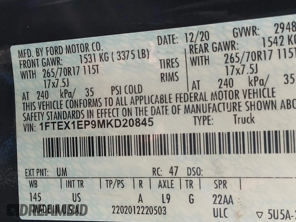 2021 Ford F-150 XL with VIN 1FTEX1EP9MKD20845, listed as a IAAI auction lot 36205781 with 27,824 mi miles and . Bid and sale history available at DreamBid. Image 9.