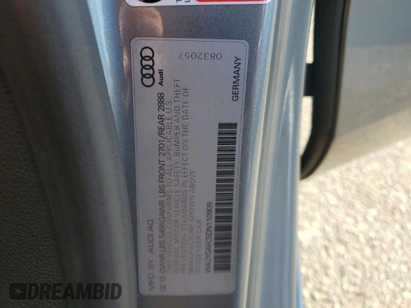 2013 Audi A7 3.0 Premium Plus with VIN WAUYGAFC5DN110909, listed as a Copart auction lot 52111465 with 109,461 mi miles and Salvage Title. Bid and sale history available at carsss.com. Image 12.