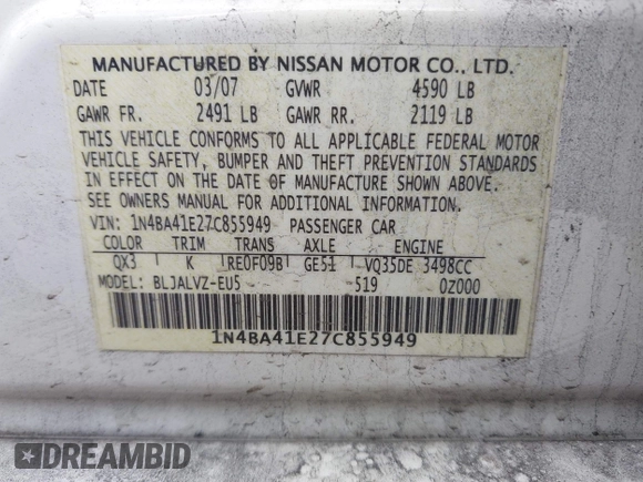 2007 Nissan Maxima SL with VIN 1N4BA41E27C855949, listed as a IAAI auction lot 41686253 with 145,698 mi miles and . Bid and sale history available at DreamBid. Image 9.