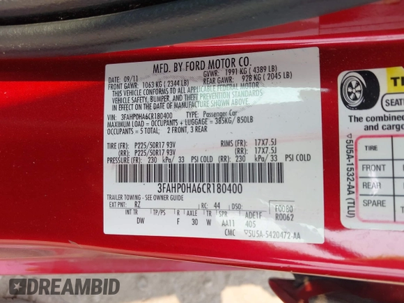 2012 Ford Fusion SE with VIN 3FAHP0HA6CR180400, listed as a IAAI auction lot 42412179 with 92,777 mi miles and . Bid and sale history available at DreamBid. Image 9.