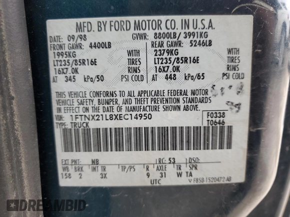 1999 Ford F-250 XL with VIN 1FTNX21L8XEC14950, listed as a Copart auction lot 46689625 with 195,289 mi miles and Salvage title. Bid and sale history available at DreamBid. Image 12.