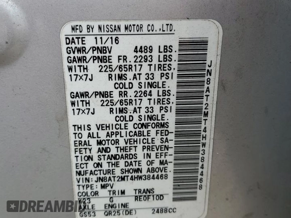 2017 Nissan Rogue SL with VIN JN8AT2MT4HW384468, listed as a Copart auction lot 51923805 with 166,366 mi miles and Salvage Title. Bid and sale history available at DreamBid. Image 13.