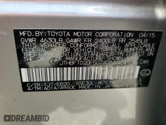 2015 Lexus IS 250 with VIN JTHBF1D20F5074084, listed as a Copart auction lot 60724265 with 66,957 mi miles and Salvage title. Bid and sale history available at DreamBid. Image 12.