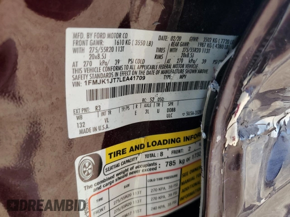 2020 Ford Expedition Max XLT с VIN 1FMJK1JT7LEA41709, выставлен на аукционе Copart как лот 48399785 с пробегом 62 041 миль миль и Списание • Salvage title. История ставок и продаж доступна на DreamBid. Изображение 14.