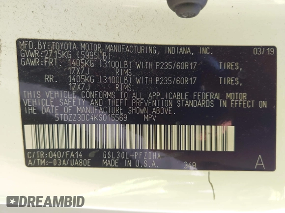 2019 Toyota Sienna L с VIN 5TDZZ3DC4KS015569, выставлен на аукционе IAAI как лот 42114405 с пробегом 101 476 миль миль и . История ставок и продаж доступна на DreamBid. Изображение 9.