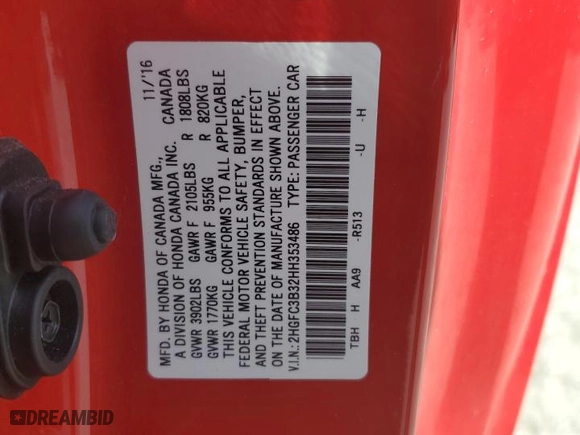 2017 Honda Civic Coupe EX-T with VIN 2HGFC3B32HH353486, listed as a Copart auction lot 53658494 with 56,815 mi miles and Clean Title. Bid and sale history available at carsss.com. Image 12.