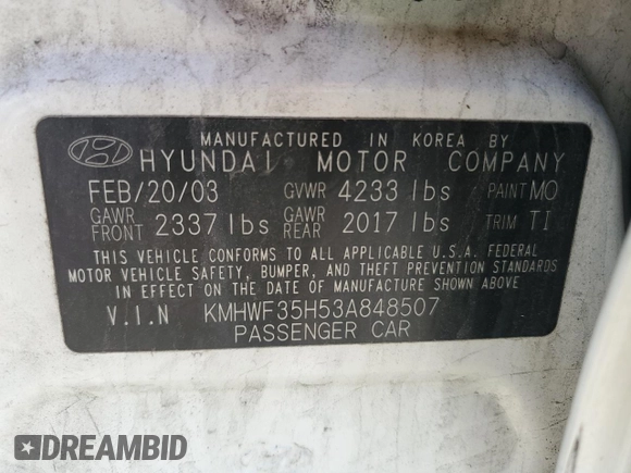 2003 Hyundai Sonata GLS with VIN KMHWF35H53A848507, listed as a Copart auction lot 51695225 with 106,863 mi miles and Salvage Title. Bid and sale history available at carsss.com. Image 12.