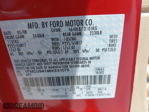2008 Ford Escape Limited with VIN 1FMCU94148KE61075, listed as a IAAI auction lot 42667539 with 205,154 mi miles and . Bid and sale history available at DreamBid. Image 9.