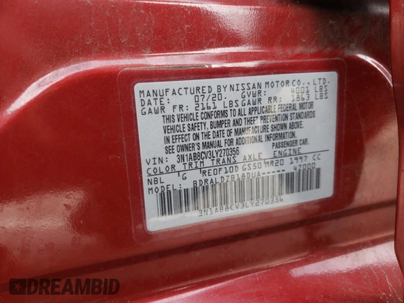 2020 Nissan Sentra SV with VIN 3N1AB8CV3LY270356, listed as a Copart auction lot 50749345 with 35,177 mi miles and Salvage Title. Bid and sale history available at DreamBid. Image 13.