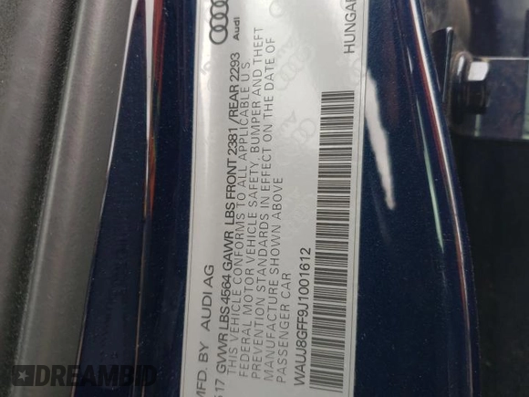 2018 Audi A3 Sedan Premium Plus with VIN WAUJ8GFF9J1001612, listed as a Copart auction lot 45247504 with 59,386 mi miles. Bid and sale history available at carsss.com. Image 12.