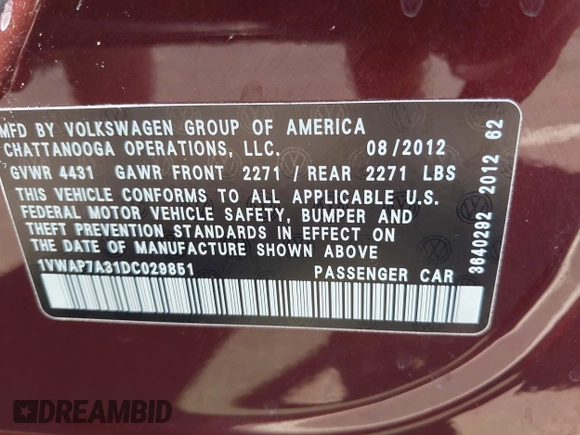2013 Volkswagen Passat S with VIN 1VWAP7A31DC029851, listed as a IAAI auction lot 42191963 with 24,862 mi miles and . Bid and sale history available at DreamBid. Image 9.