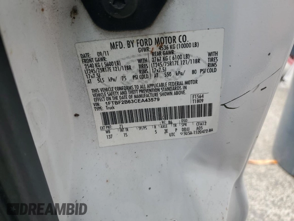 2012 Ford F-250 XL with VIN 1FTBF2B63CEA43579, listed as a Copart auction lot 60420505 with Not provided miles and Non repairable. Bid and sale history available at DreamBid. Image 13.
