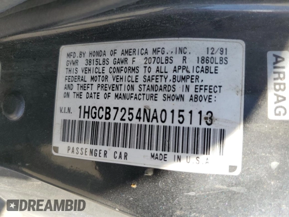1992 Honda Accord z VIN 1HGCB7254NA015113, wystawiony jako Copart lot #77223284 z przebiegiem 219 007 mil mil oraz Szkoda całkowita • Salvage title. Historia ofert i sprzedaży dostępna na DreamBid. Obrazek 14.