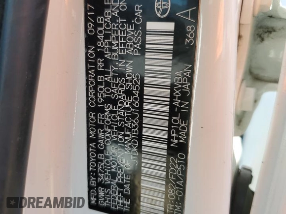 2018 Toyota Prius One with VIN JTDKDTB36J1604525, listed as a Copart auction lot 63838575 with 59,212 mi miles and Salvage title. Bid and sale history available at DreamBid. Image 13.