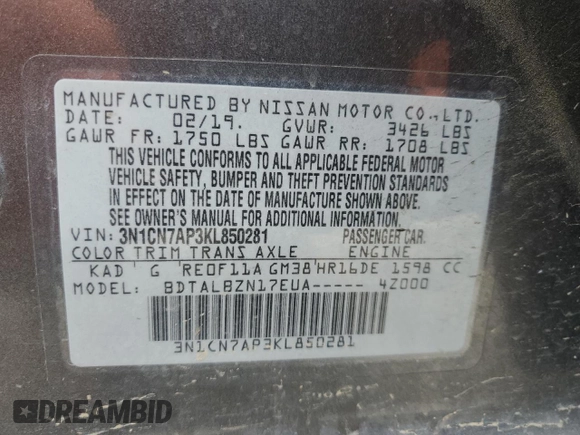 2019 Nissan Versa SV с VIN 3N1CN7AP3KL850281, выставлен на аукционе Copart как лот 59358305 с пробегом 84 906 миль миль и Списание • Salvage title. История ставок и продаж доступна на DreamBid. Изображение 12.