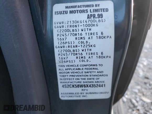 1999 Isuzu Rodeo S с VIN 4S2CK58W6X4352441, выставлен на аукционе Copart как лот 81915384 с пробегом 338 513 миль миль и На запчасти • Non repairable. История ставок и продаж доступна на DreamBid. Изображение 13.