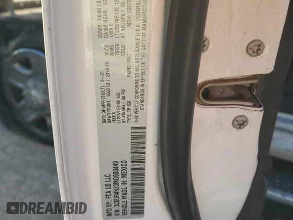 2021 Ram 2500 Tradesman с VIN 3C6UR4HJ3MG600449, выставлен на аукционе Copart как лот 50886915 с пробегом Не указан миль и Списание • Salvage title. История ставок и продаж доступна на DreamBid. Изображение 12.