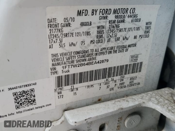 2011 Ford F-250 XL with VIN 1FT7W2B64BEA42879, listed as a Copart auction lot 60286255 with 349,694 mi miles and Clean title. Bid and sale history available at DreamBid. Image 12.
