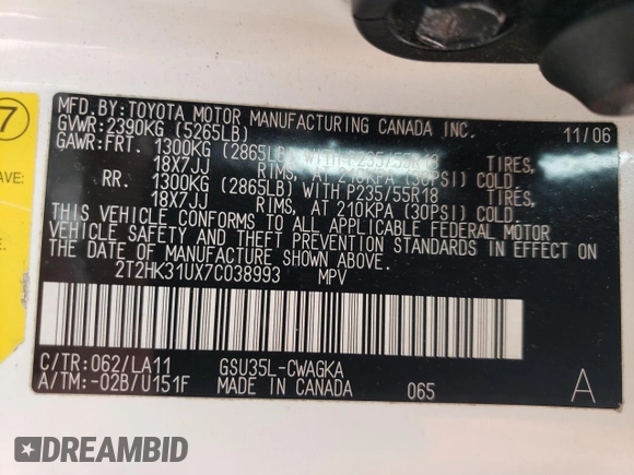 2007 Lexus RX 350 with VIN 2T2HK31UX7C038993, listed as a Copart auction lot 51102885 with 255,208 mi miles and Salvage Title. Bid and sale history available at DreamBid. Image 15.