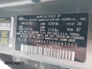 2013 Kia Optima EX with VIN 5XXGN4A73DG091000, listed as a IAAI auction lot 42555576 with 190,848 mi miles and . Bid and sale history available at DreamBid. Image 9.