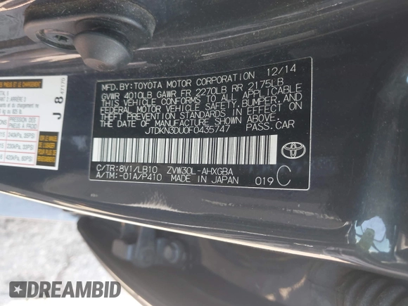 2015 Toyota Prius Four with VIN JTDKN3DU0F0435747, listed as a IAAI auction lot 42063503 with 85,932 mi miles. Bid and sale history available at carsss.com. Image 9.