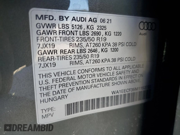 2021 Audi Q3 S line Premium Plus with VIN WA1EECF35M1153722, listed as a Copart auction lot 56537615 with 42,396 mi miles and Salvage title. Bid and sale history available at DreamBid. Image 12.