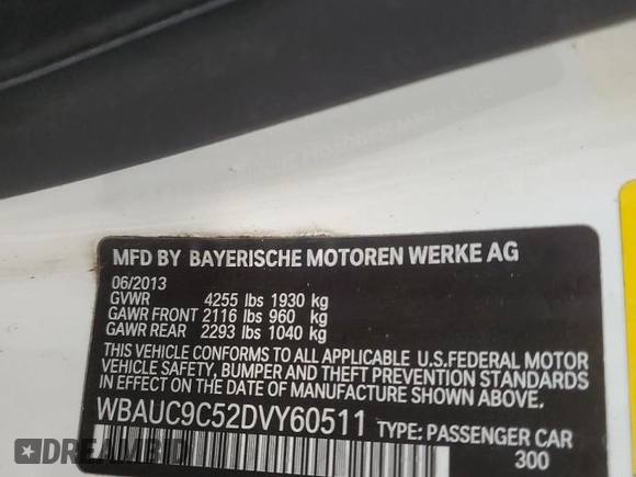 2013 BMW 1 Series 135i with VIN WBAUC9C52DVY60511, listed as a Copart auction lot 61339084 with Not provided miles and Non repairable. Bid and sale history available at DreamBid. Image 12.