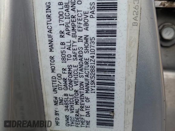 2001 Chevrolet Prizm с VIN 1Y1SK52881Z410735, выставлен на аукционе Copart как лот 88348905 с пробегом 218 435 миль миль и Списание • Salvage title. История ставок и продаж доступна на DreamBid. Изображение 12.
