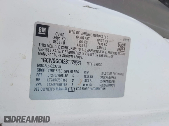 2011 Chevrolet Express Cargo with VIN 1GCWGGCA2B1129681, listed as a IAAI auction lot 42108056 with Not provided miles and . Bid and sale history available at DreamBid. Image 9.