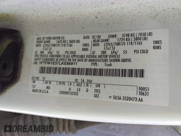 2020 Ford F-150 XL z VIN 1FTFW1E57LKE66911, wystawiony jako IAAI lot #41795867 z przebiegiem 133 390 mil mil oraz . Historia ofert i sprzedaży dostępna na DreamBid. Obrazek 9.