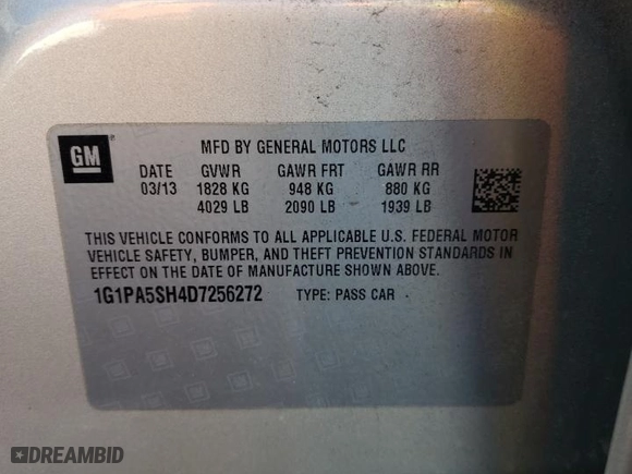 2013 Chevrolet Cruze LS with VIN 1G1PA5SH4D7256272, listed as a Copart auction lot 49414205 with 91,077 mi miles and Salvage Title. Bid and sale history available at carsss.com. Image 12.