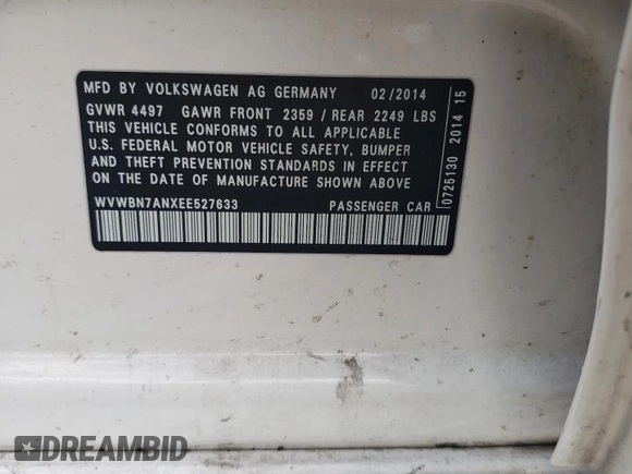 2014 Volkswagen CC R-Line with VIN WVWBN7ANXEE527633, listed as a Copart auction lot 67687694 with 84,561 mi miles and Salvage Title. Bid and sale history available at carsss.com. Image 13.