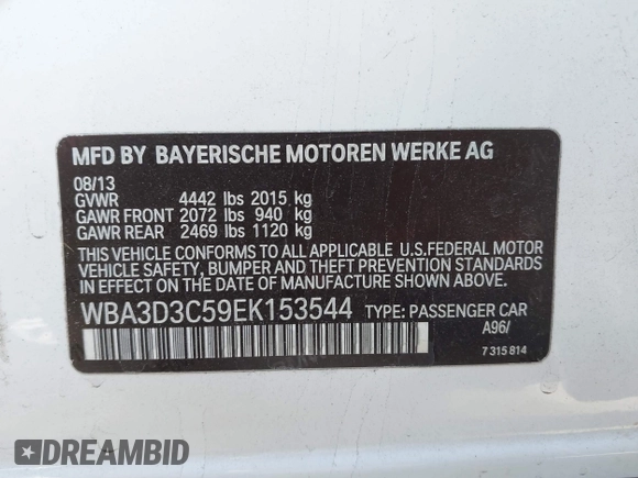 2014 BMW 3 Series 328d with VIN WBA3D3C59EK153544, listed as a IAAI auction lot 42315834 with 171,833 mi miles and . Bid and sale history available at DreamBid. Image 9.