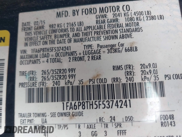 2015 Ford Mustang EcoBoost with VIN 1FA6P8TH5F5374241, listed as a IAAI auction lot 42556786 with 140,017 mi miles and . Bid and sale history available at DreamBid. Image 9.