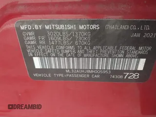 2021 Mitsubishi Mirage ES with VIN ML32AUHJ8MH005953, listed as a IAAI auction lot 42484093 with 62,852 mi miles and . Bid and sale history available at DreamBid. Image 9.