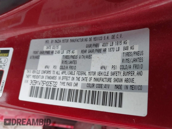 2015 Mazda 3 i Grand Touring with VIN 3MZBM1W76FM205722, listed as a IAAI auction lot 42357789 with 183,998 mi miles and . Bid and sale history available at DreamBid. Image 9.