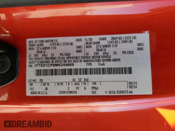 2021 Ford F-150 XL with VIN 1FTEX1CP8MKD04669, listed as a Copart auction lot 49723175 with 81,463 mi miles and Salvage title. Bid and sale history available at DreamBid. Image 12.