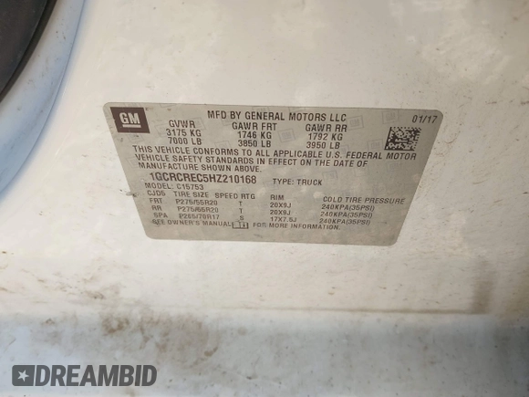 2017 Chevrolet Silverado 1500 LT with VIN 1GCRCREC5HZ210168, listed as a IAAI auction lot 41838729 with 88,880 mi miles and . Bid and sale history available at DreamBid. Image 9.