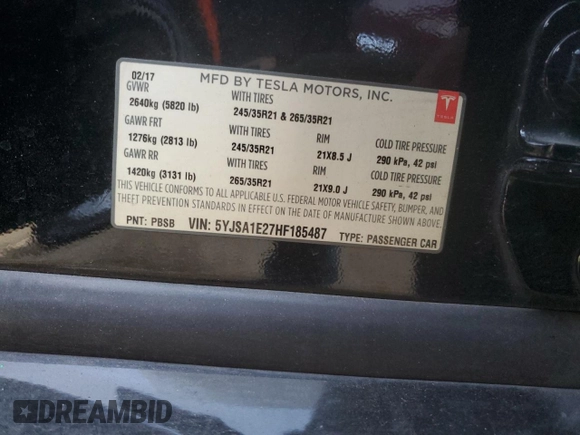 2017 Tesla Model S 100D with VIN 5YJSA1E27HF185487, listed as a Copart auction lot 47979455 with 184,987 mi miles and Salvage Title. Bid and sale history available at DreamBid. Image 14.