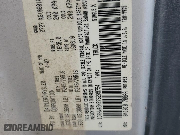 2007 Dodge Dakota SLT with VIN 1D7HW48N27S209754, listed as a Copart auction lot 81525424 with 217,221 mi miles and Salvage Title. Bid and sale history available at carsss.com. Image 12.